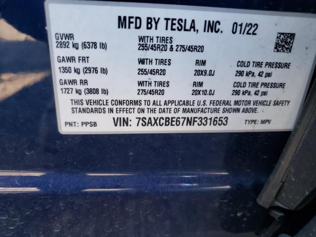 7SAXCBE67NF331653 - 2022 TESLA MODEL X BLUE photo 12