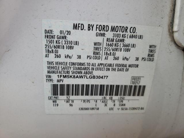 1FM5K8AW7LGB30477 - 2020 FORD EXPLORER POLICE INTERCEPTOR أبيض صورة 12