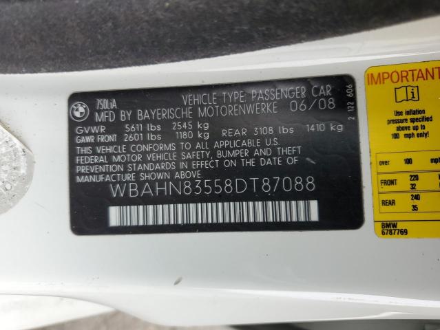 WBAHN83558DT87088 - 2008 BMW 7 SERIES LI WHITE photo 12