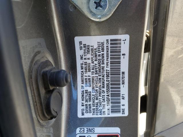 1HGFA15506L019027 - 2006 HONDA CIVIC LX GRAY photo 12