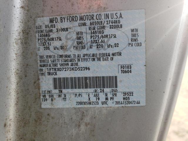 1FTRX07273KD52396 - 2003 FORD F-150 SILVER photo 10