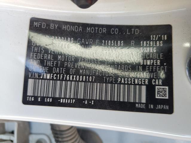 JHMFC1F76KX008107 - 2019 HONDA CIVIC EXL WHITE photo 13
