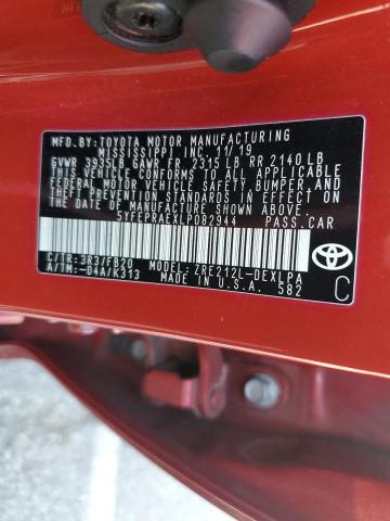 5YFEPRAEXLP082944 - 2020 TOYOTA COROLLA LE RED photo 12