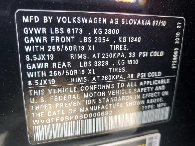 WVGFF9BP0BD000692 - 2011 VOLKSWAGEN TOUAREG V6 BLACK photo 12