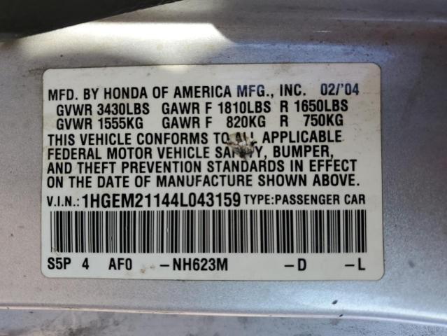 1HGEM21144L043159 - 2004 HONDA CIVIC DX VP Boz foto 12