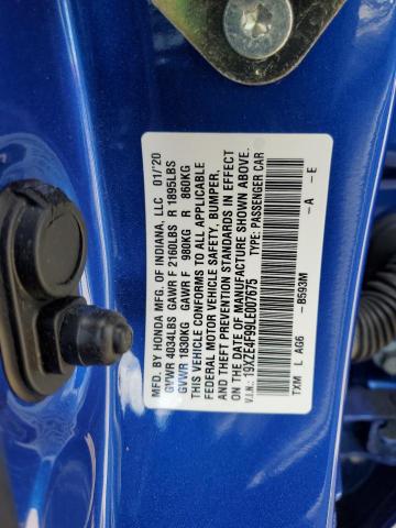 19XZE4F99LE007675 - 2020 HONDA INSIGHT TOURING BLUE photo 12