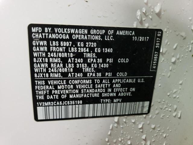 1V2MR2CA5JC535198 - 2018 VOLKSWAGEN ATLAS SEL WHITE photo 13