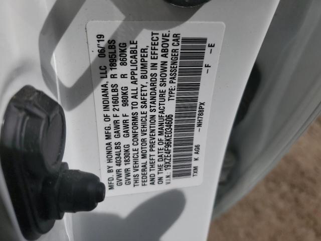 19XZE4F96KE034606 - 2019 HONDA INSIGHT TOURING WHITE photo 12