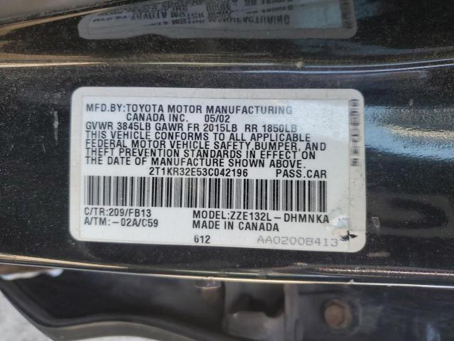2T1KR32E53C042196 - 2003 TOYOTA COROLLA MA XR BLACK photo 12