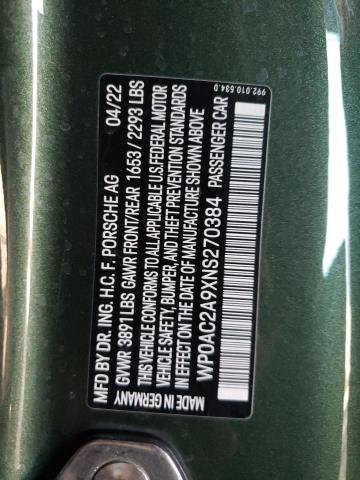 WP0AC2A9XNS270384 - 2022 PORSCHE 911 GT3 GREEN photo 12