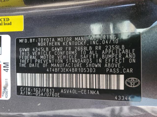 4T4BF3EK4BR105303 - 2011 TOYOTA CAMRY BASE GRAY photo 12