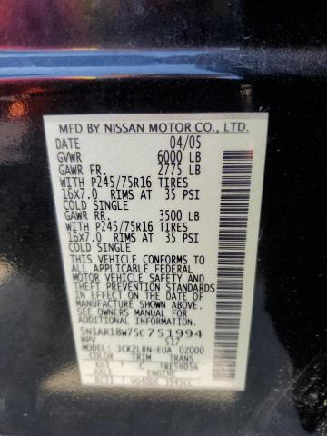 5N1AR18W75C751994 - 2005 NISSAN PATHFINDER LE 黑色 照片 13