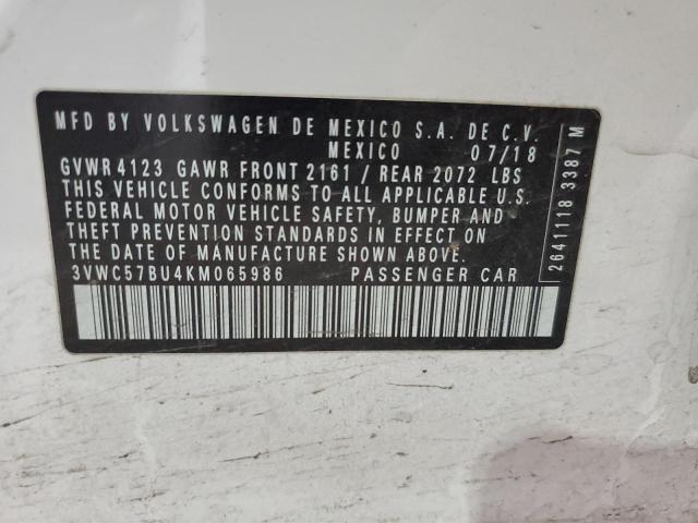 3VWC57BU4KM065986 - 2019 VOLKSWAGEN JETTA S WHITE photo 12