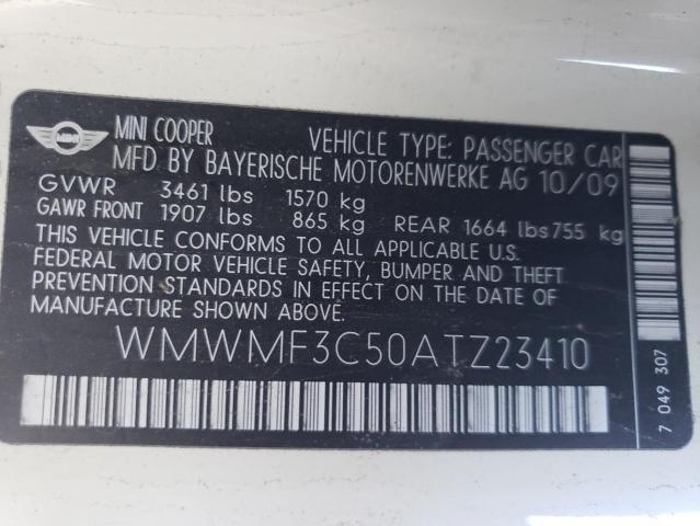 WMWMF3C50ATZ23410 - 2010 MINI COOPER WHITE photo 12