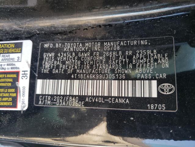 4T1BE46K99U305136 - 2009 TOYOTA CAMRY BASE BLACK photo 12