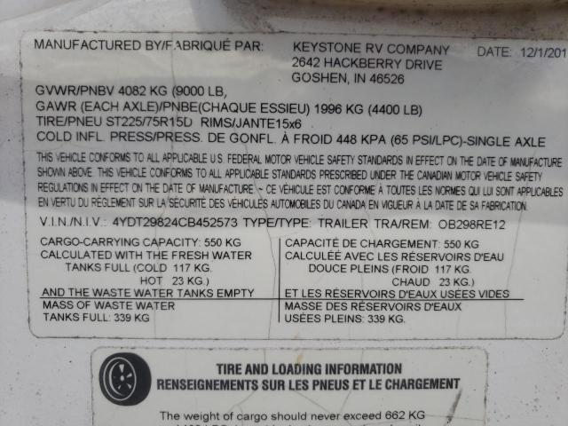 4YDT29824CB452573 - 2012 KEYSTONE OUTBACK WHITE photo 10