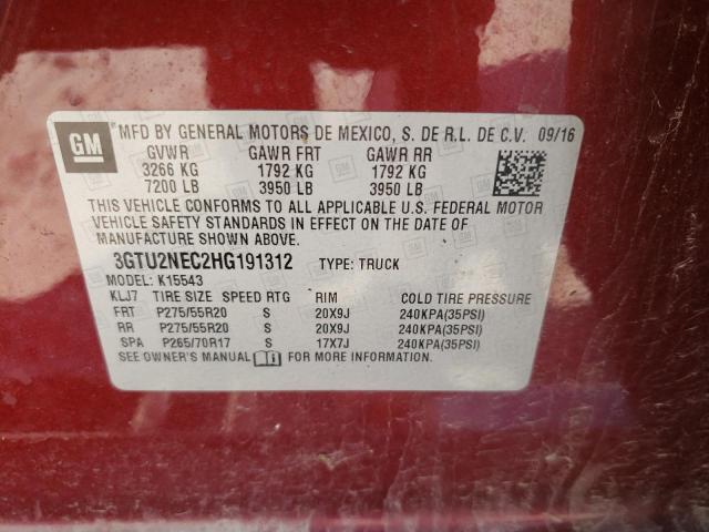 3GTU2NEC2HG191312 - 2017 GMC SIERRA K1500 SLT BURGUNDY photo 12