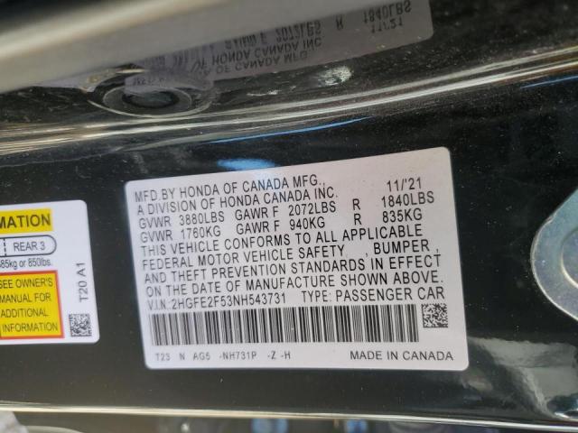 2HGFE2F53NH543731 - 2022 HONDA CIVIC SPORT 黑色 照片 12