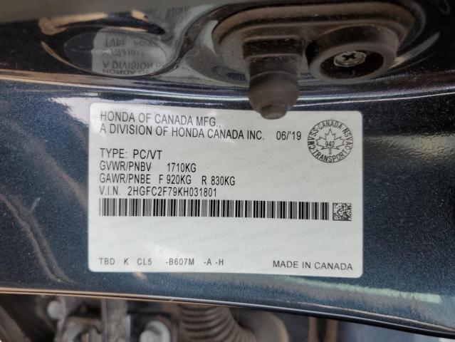 2HGFC2F79KH031801 - 2019 HONDA CIVIC EX GRAY photo 13