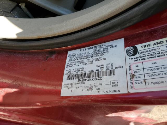 3FAHP0HA4CR336935 - 2012 FORD FUSION SE RED photo 12