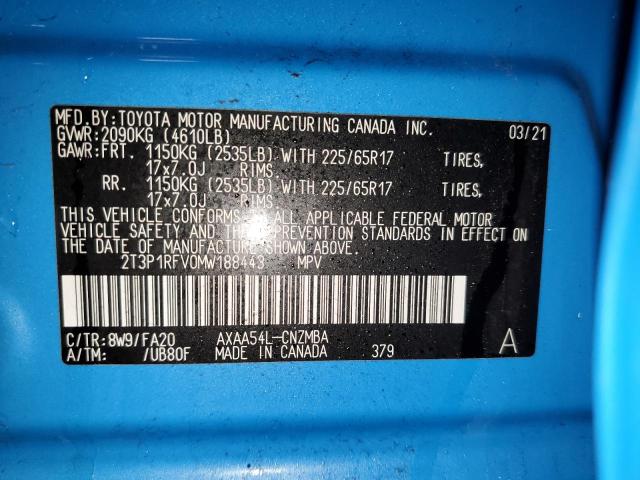 2T3P1RFV0MW188443 - 2021 TOYOTA RAV4 XLE BLUE photo 14