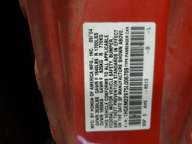 1HGEM22975L006709 - 2005 HONDA CIVIC EX RED photo 13