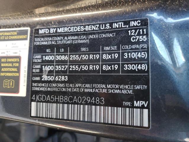 4JGDA5HB8CA029483 - 2012 MERCEDES-BENZ ML 350 4MATIC CHARCOAL photo 13
