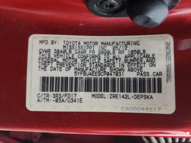 5YFBU4EE9CP047031 - 2012 TOYOTA COROLLA BASE RED photo 12