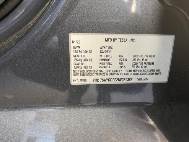 7SAYGDEE2NF359386 - 2022 TESLA MODEL Y رمادي صورة 10