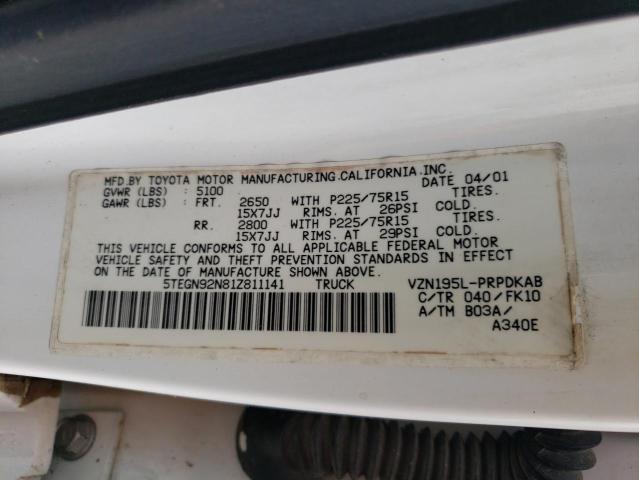 5TEGN92N81Z811141 - 2001 TOYOTA TACOMA DOUBLE CAB PRERUNNER WHITE photo 12
