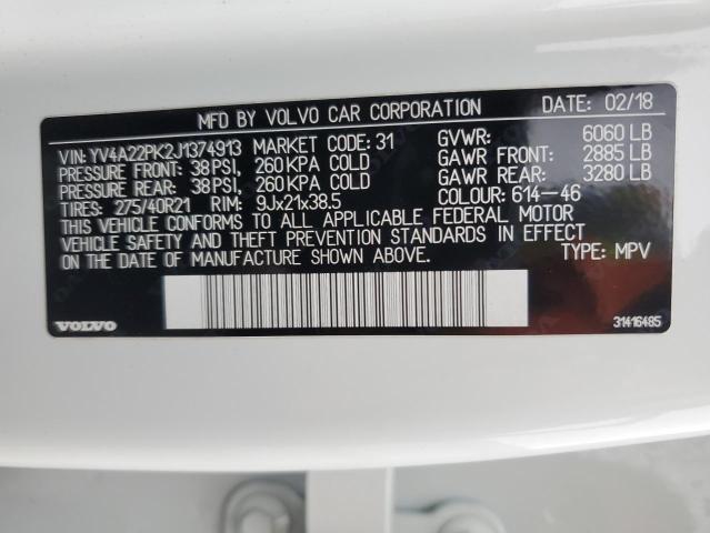 YV4A22PK2J1374913 - 2018 VOLVO XC90 T6 WHITE photo 13