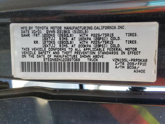 5TEGN92N12Z897068 - 2002 TOYOTA TACOMA DOUBLE CAB PRERUNNER BLACK photo 12