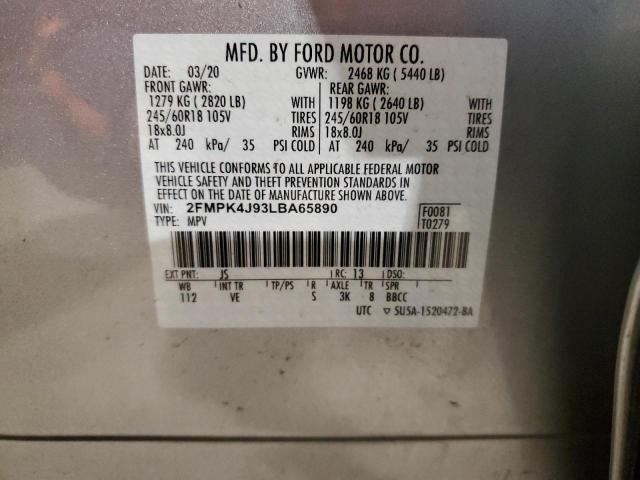 2FMPK4J93LBA65890 - 2020 FORD EDGE SEL SILVER photo 12