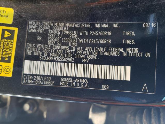 5TDJKRFH3GS502962 - 2016 TOYOTA HIGHLANDER XLE 黑色 照片 14