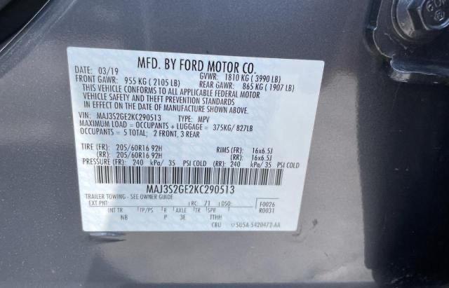 MAJ3S2GE2KC290513 - 2019 FORD ECOSPORT SE GRAY photo 10