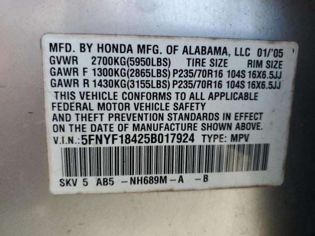 5FNYF18425B017924 - 2005 HONDA PILOT EX SILVER photo 13