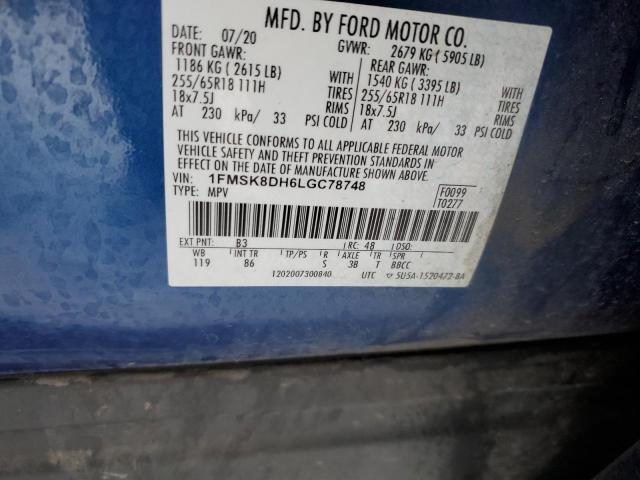 1FMSK8DH6LGC78748 - 2020 FORD EXPLORER XLT BLUE photo 13