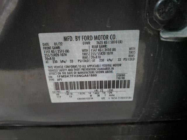 1FMSK7FH3NGA61880 - 2022 FORD EXPLORER LIMITED GRAY photo 13