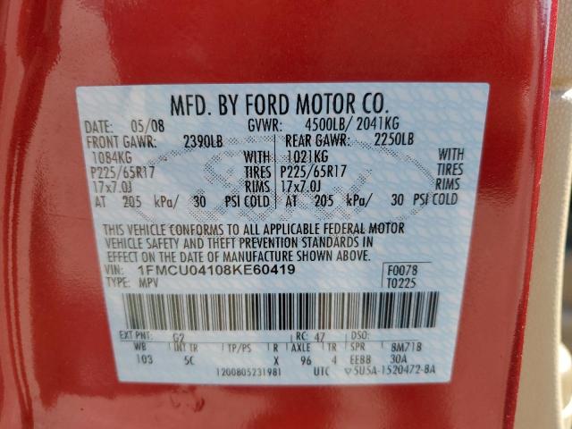 1FMCU04108KE60419 - 2008 FORD ESCAPE LIMITED RED photo 12