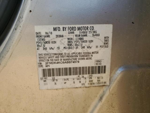 2FMDK4KC6ABB74578 - 2010 FORD EDGE LIMITED SILVER photo 12