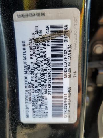 2T1KR32E63C138290 - 2003 TOYOTA COROLLA MA XR BLACK photo 12