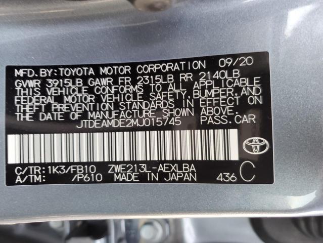 JTDEAMDE2MJ015745 - 2021 TOYOTA COROLLA LE BLUE photo 13