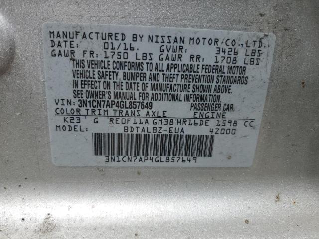 3N1CN7AP4GL857649 - 2016 NISSAN VERSA S SILVER photo 12