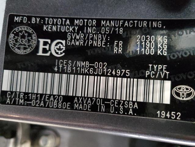 4T1B11HK6JU124975 - 2018 TOYOTA CAMRY L GRAY photo 12