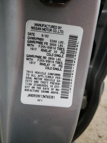 JN8DR09Y12W746381 - 2002 NISSAN PATHFINDER LE SILVER photo 12