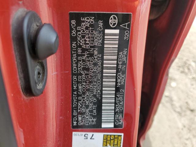 JTDKB20U487804614 - 2008 TOYOTA PRIUS RED photo 12