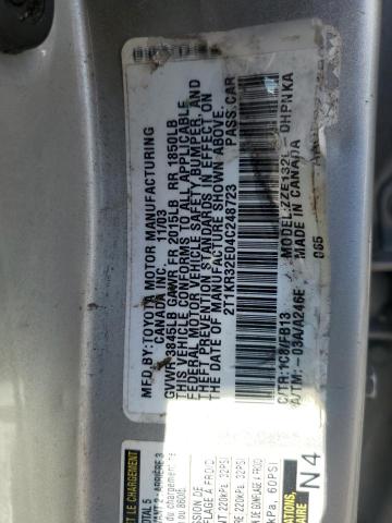 2T1KR32E04C248723 - 2004 TOYOTA COROLLA MA XR SILVER photo 12