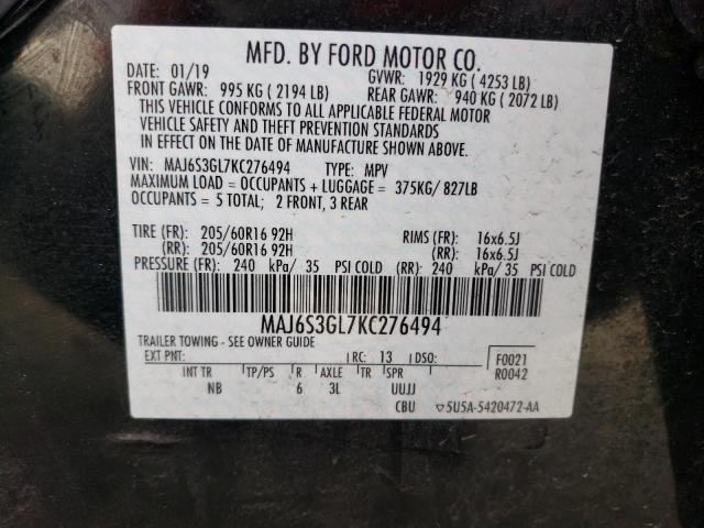 MAJ6S3GL7KC276494 - 2019 FORD ECOSPORT SE Czarny zdjęcie 13