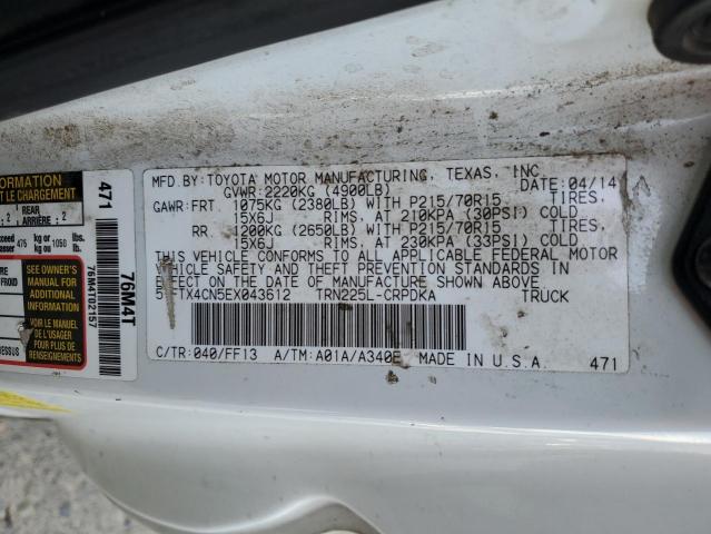5TFTX4CN5EX043612 - 2014 TOYOTA TACOMA ACCESS CAB თეთრი ფოტო 13