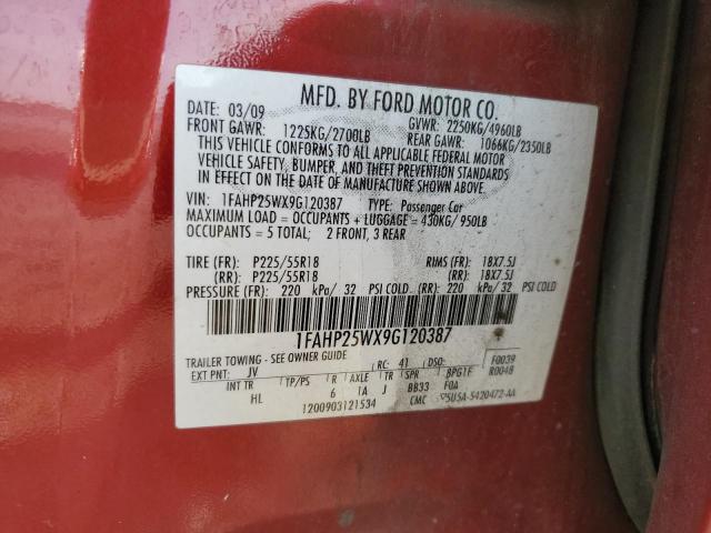 1FAHP25WX9G120387 - 2009 FORD TAURUS LIMITED RED photo 12